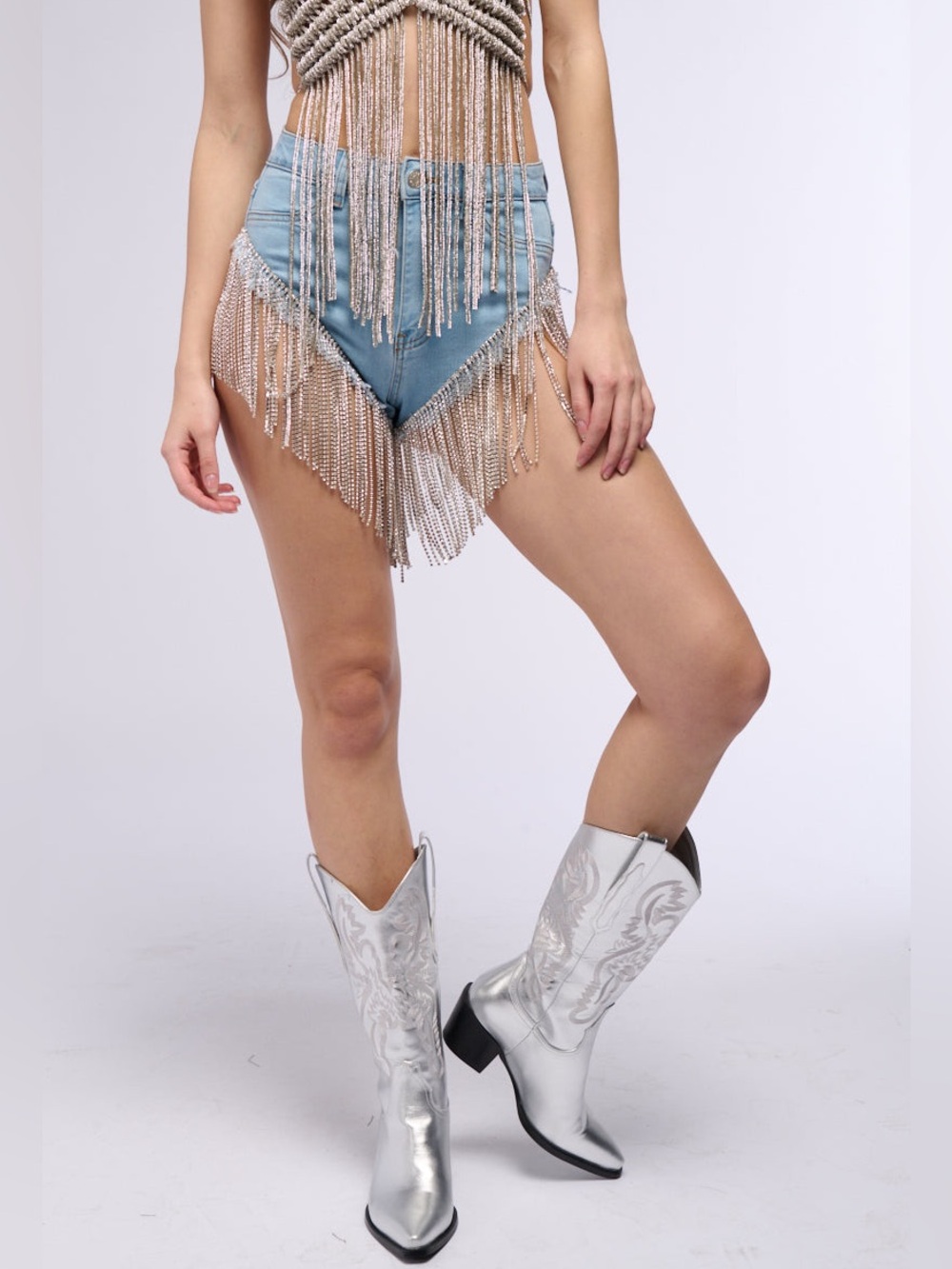 Azalea Wang Gonna Love Me Waterfall Rhinestone Denim Shorts Festival Boho Large - Picture 4 of 16